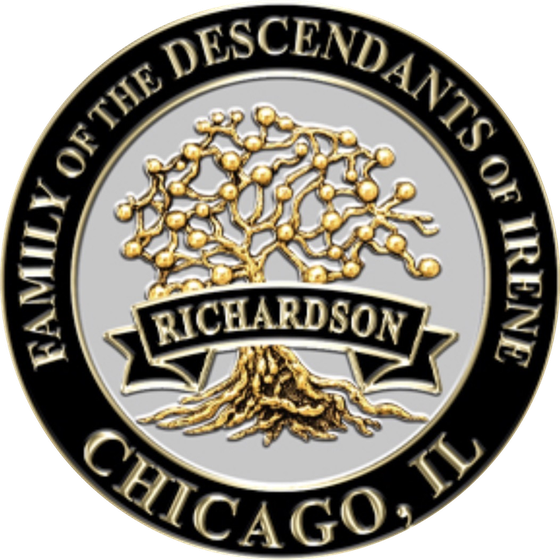 Family seal: a golden tree above a banner reading Richardson, encircled by the words Family of the Descendants of Irene, Chicago, IL